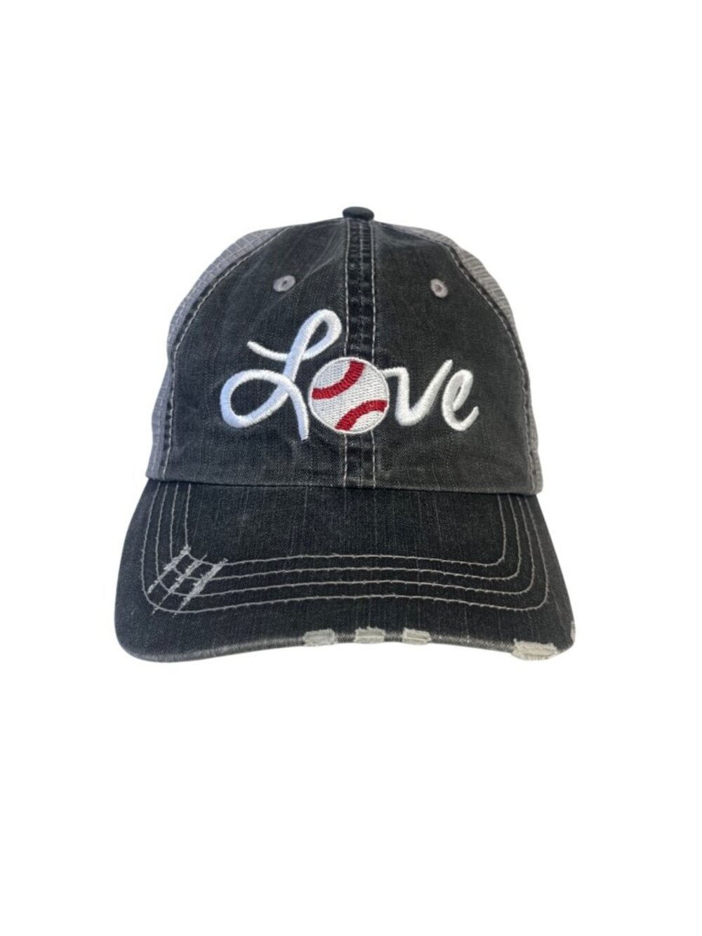 Love Baseball Cap Hat Mesh Back Adjustable Strap Distressed Gray‎